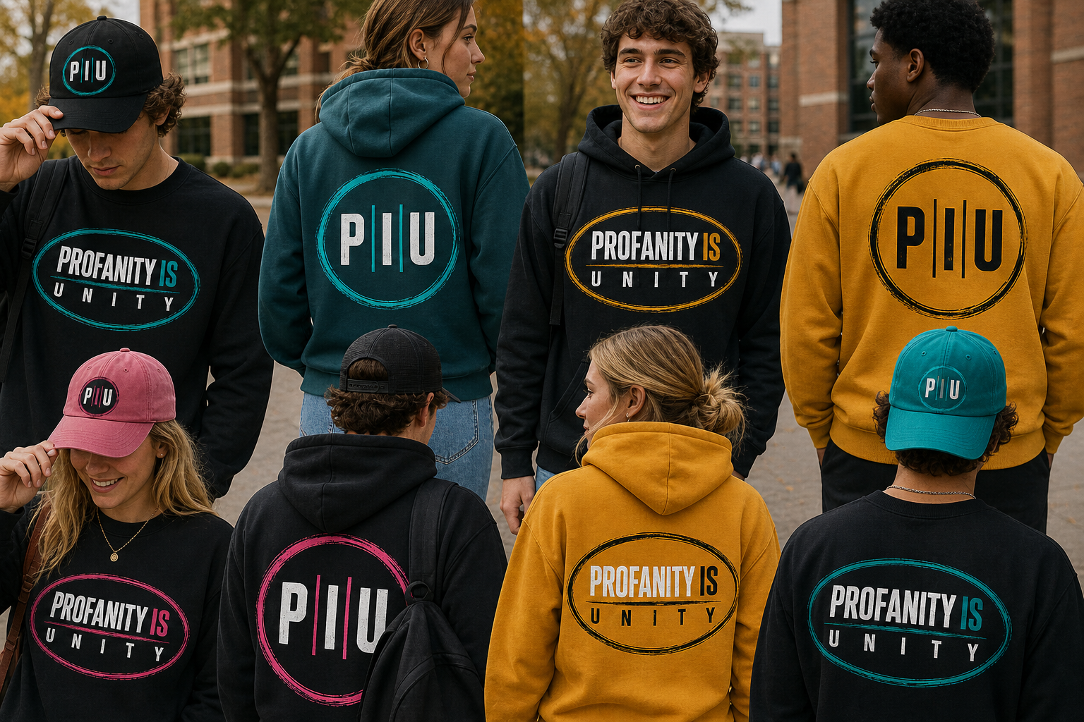 Expanded Profanity Is Unity apparel collection with colorful sweatshirts and caps