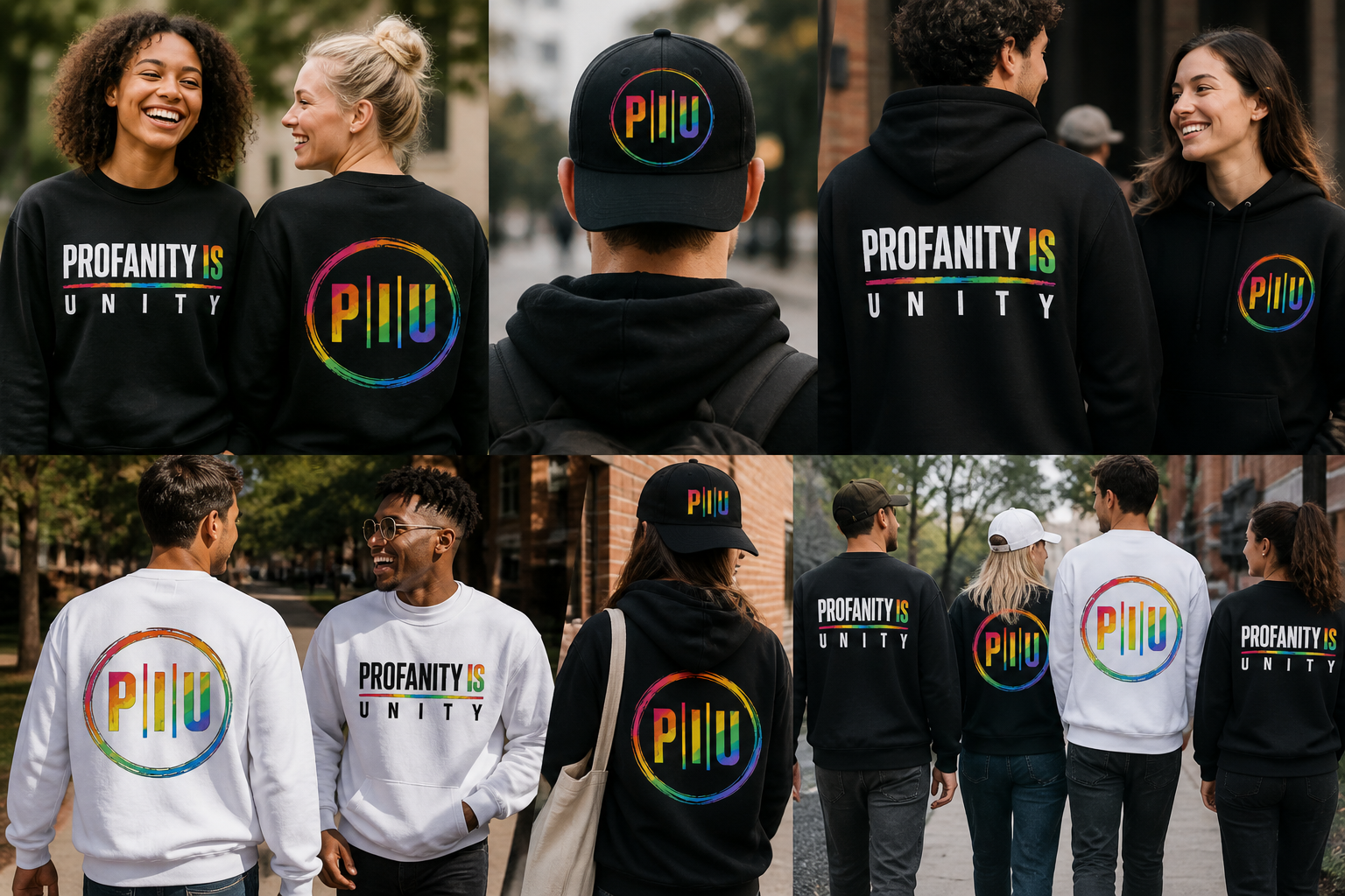 Profanity Is Unity rainbow logo apparel lookbook collage